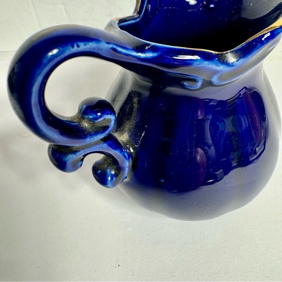 Vintage Cobalt Blue Pitcher creamer decorated with gold trim and two Peacocks - Picture 7 of 10